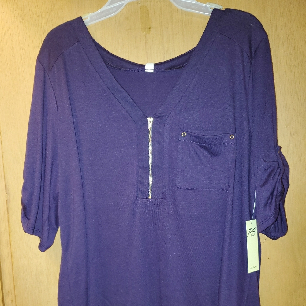 PerSeption Concept purple tab-sleeve zipper blouse